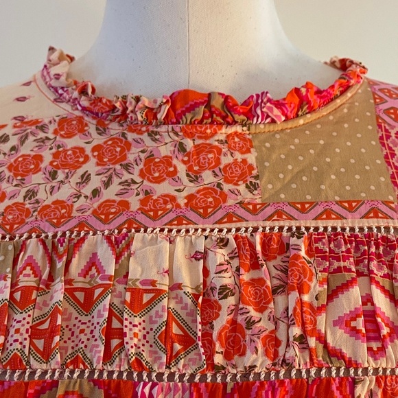 EUC Boho Orange Pink Green Cream Patch Print Flutter Sleeve Women's Top | Size M - Picture 2 of 5